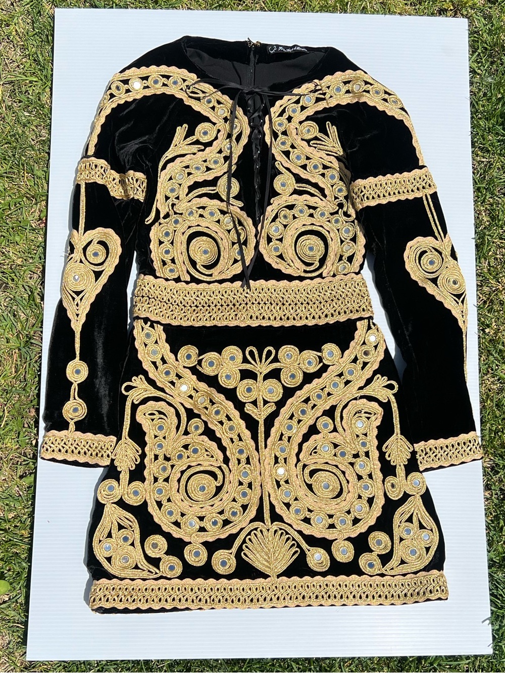 For Love and Lemons Black Velvet Mini Dress with Gold Embroidered Appliqué